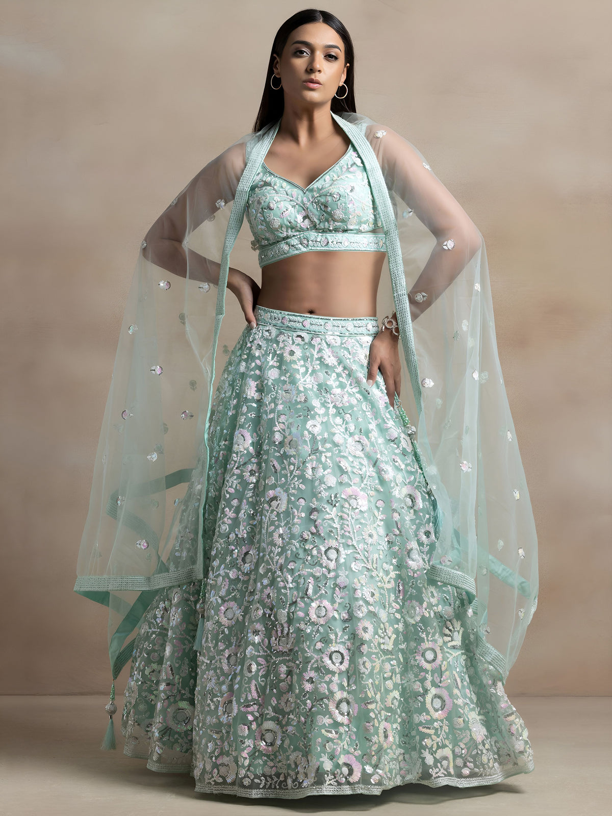 Sky Blue Soft Net Sequins Embroidered Lehenga Choli