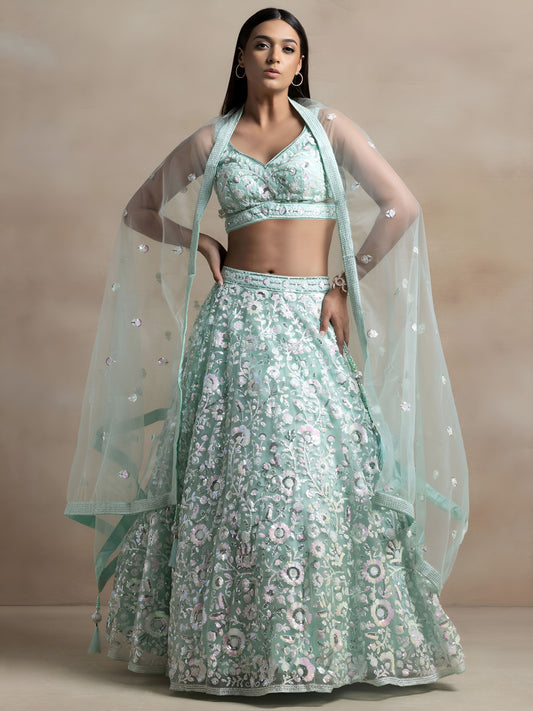 Sky Blue Soft Net Sequins Embroidered Lehenga Choli