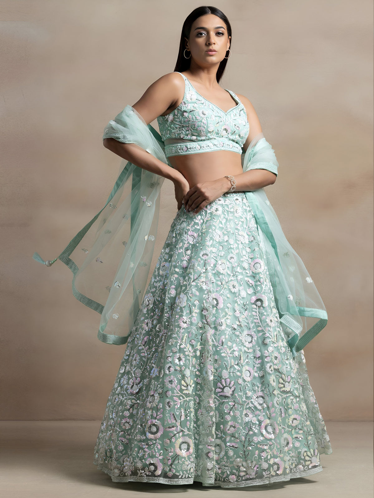 Sky Blue Soft Net Sequins Embroidered Lehenga Choli