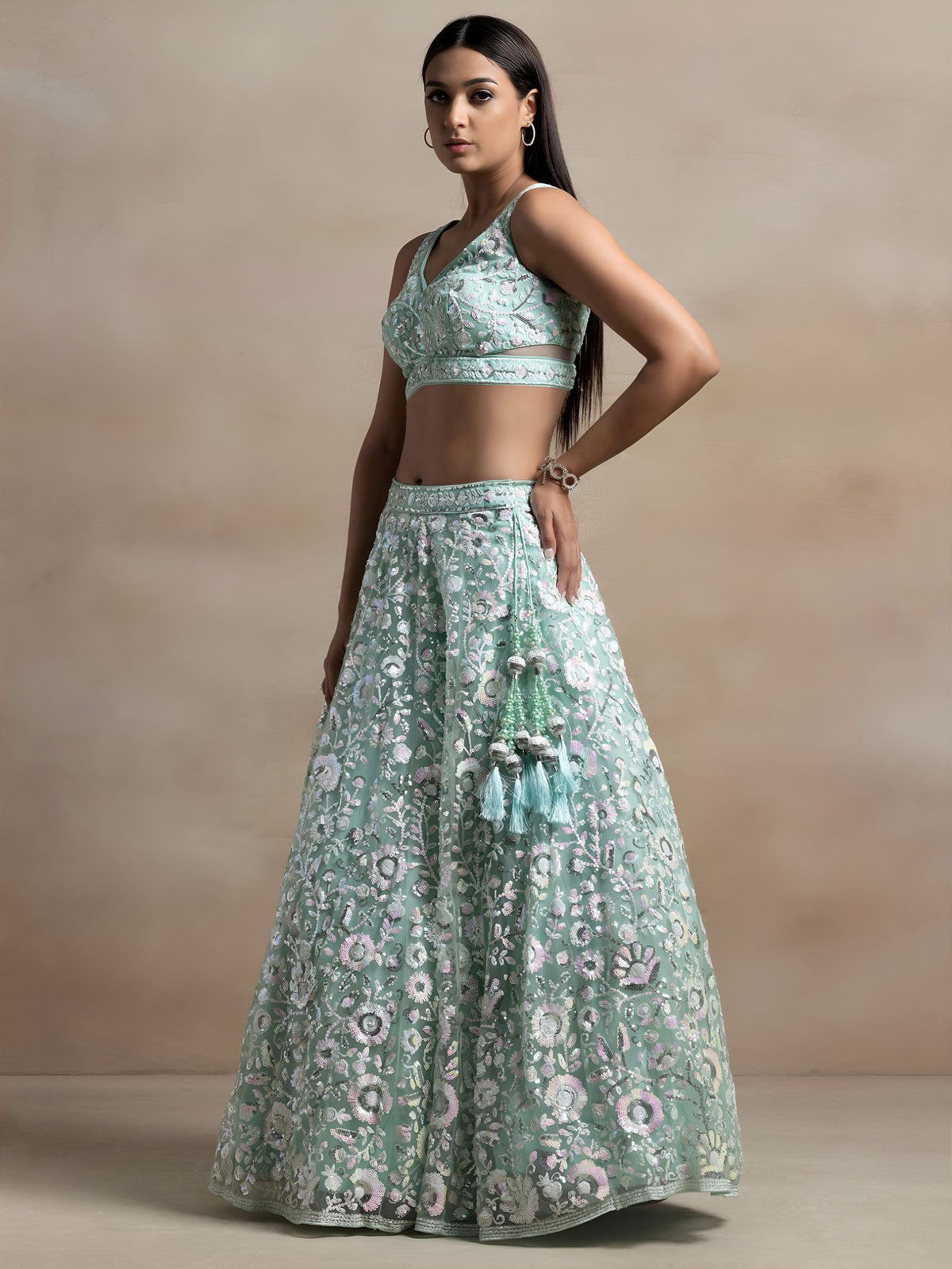 Sky Blue Soft Net Sequins Embroidered Lehenga Choli