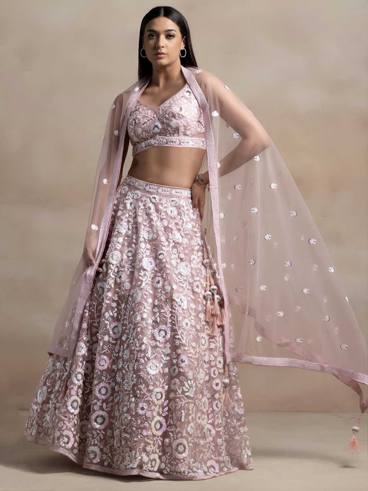 Blush Pink  Soft Net Sequins Embroidered Lehenga Choli