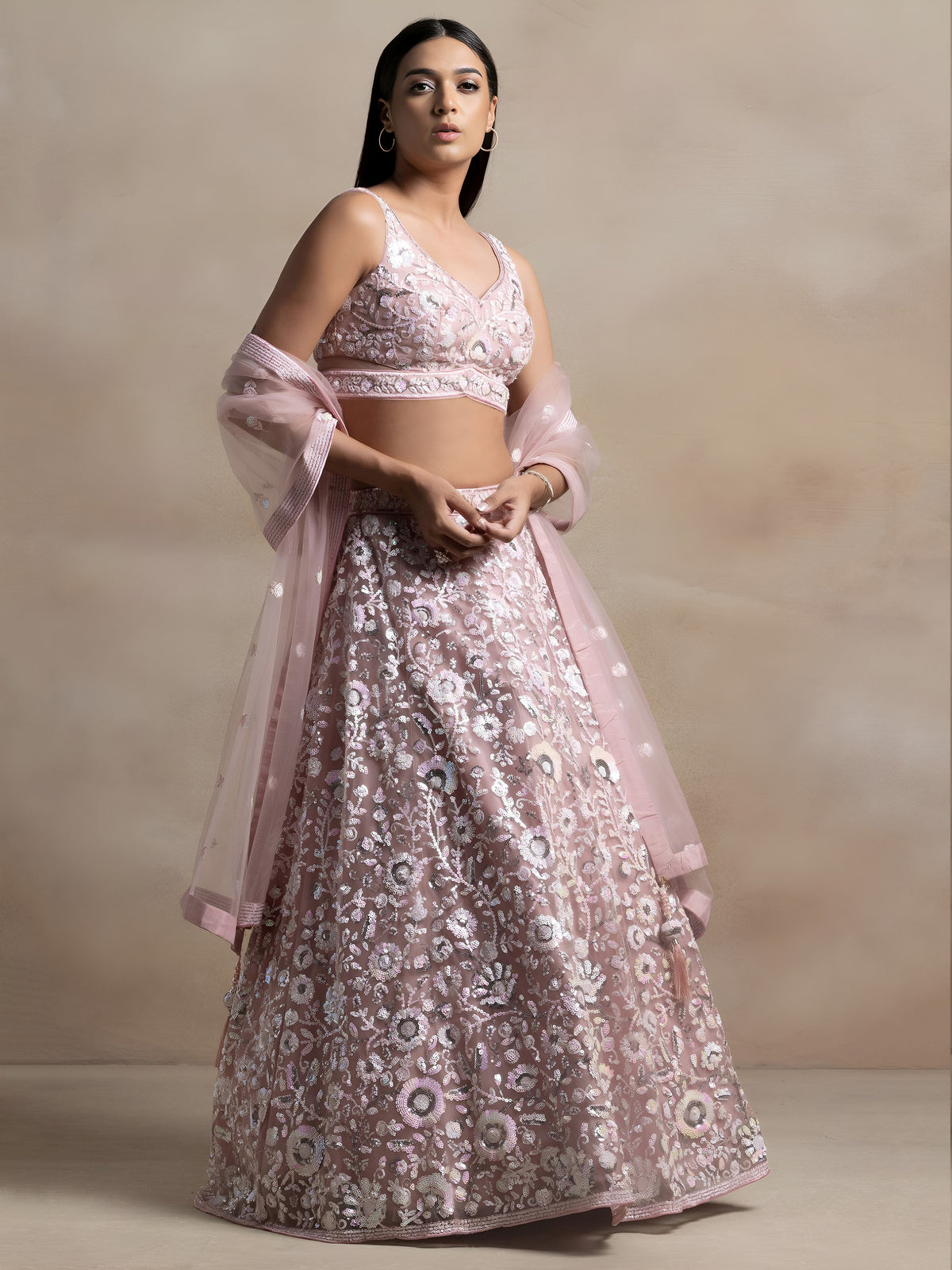 Blush Pink  Soft Net Sequins Embroidered Lehenga Choli