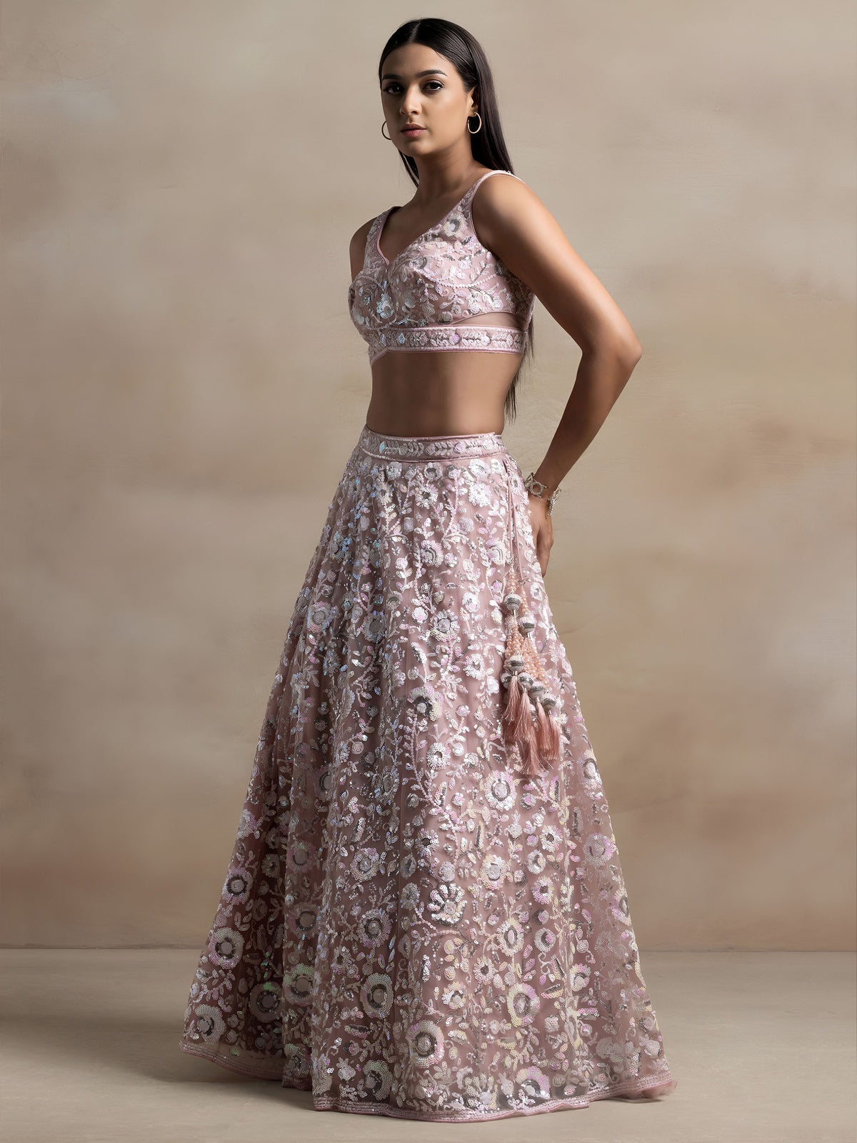 Blush Pink  Soft Net Sequins Embroidered Lehenga Choli