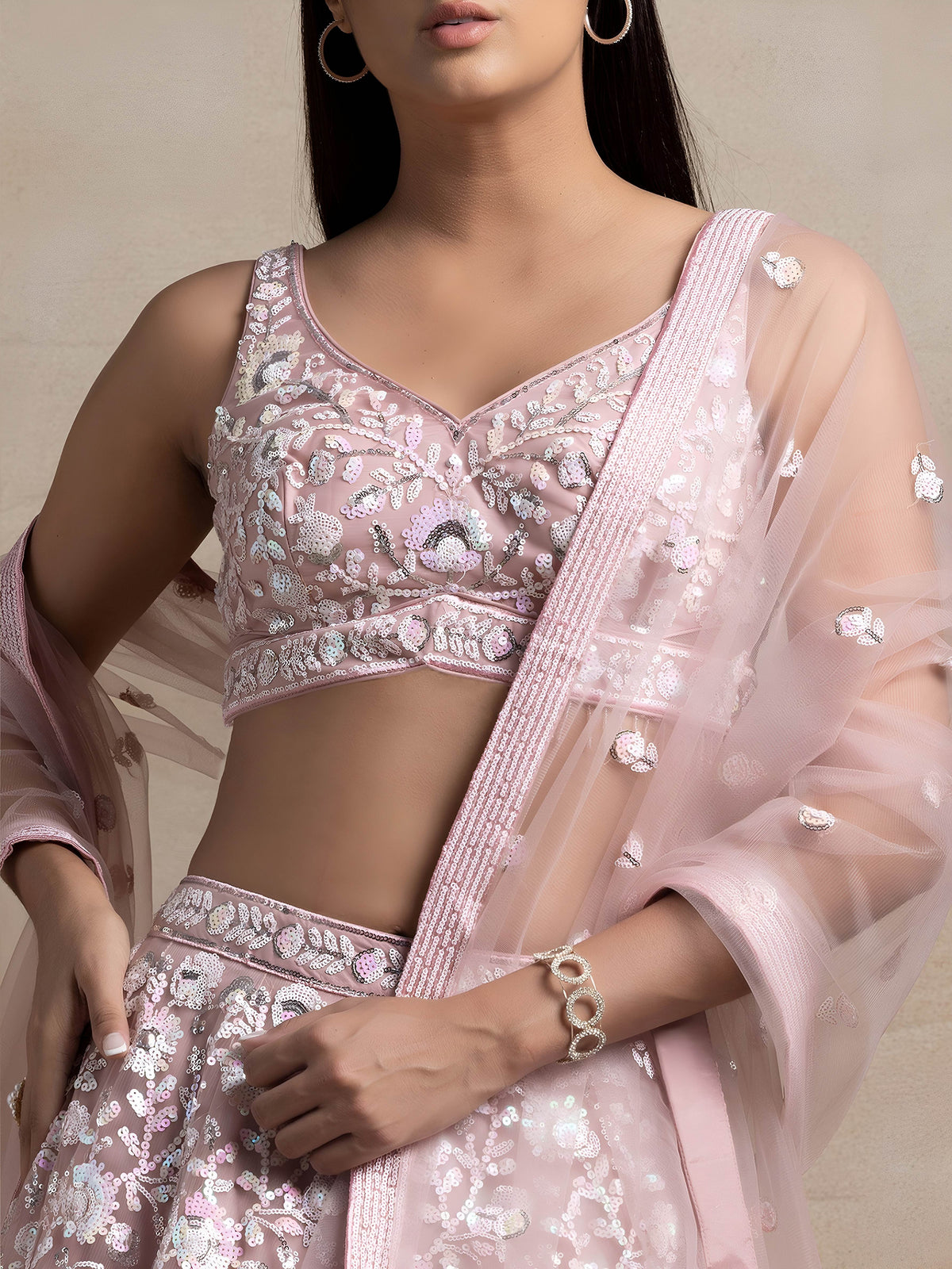 Blush Pink  Soft Net Sequins Embroidered Lehenga Choli