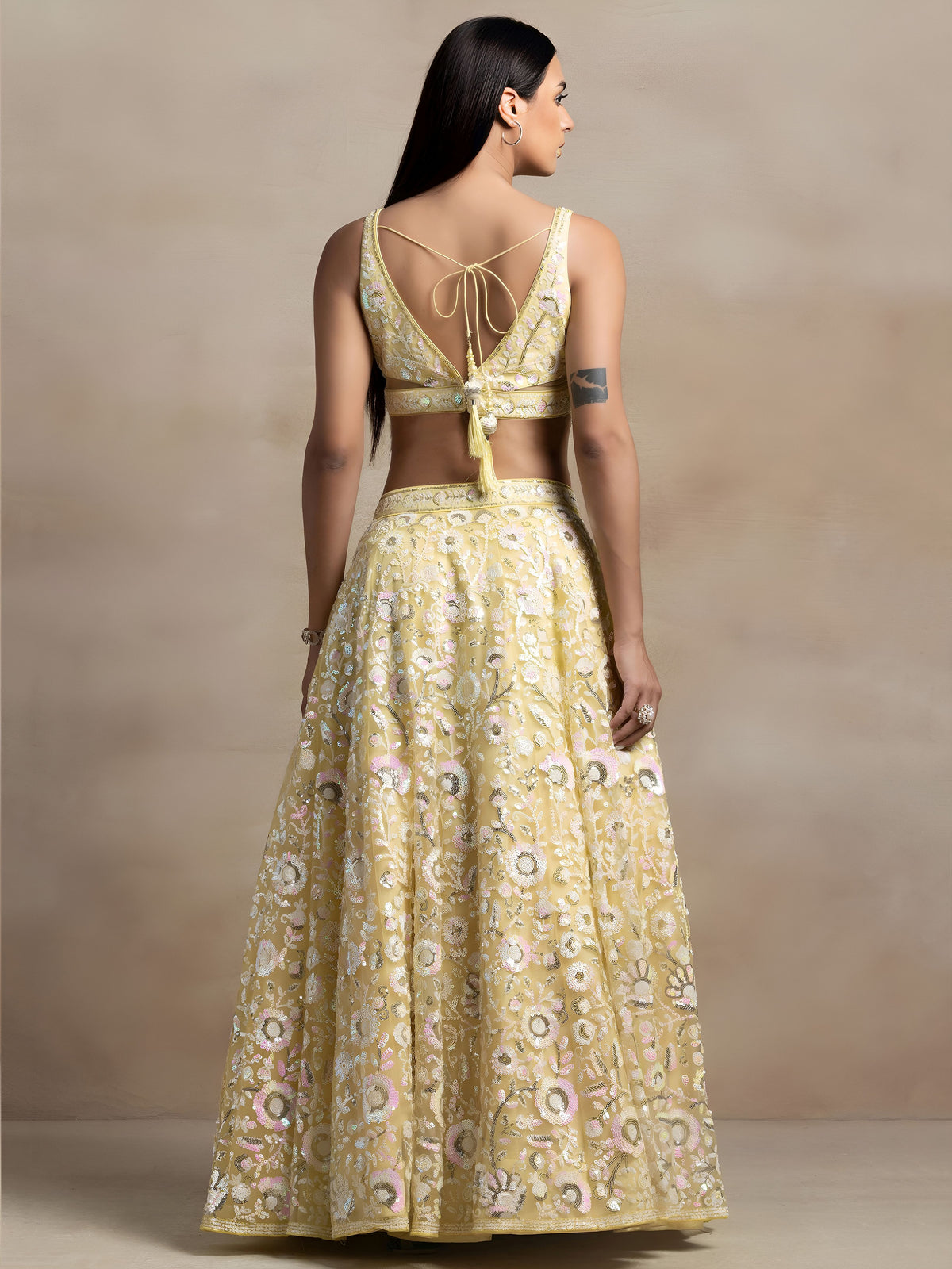 Pastel Yellow  Soft Net Sequins Embroidered Lehenga Choli