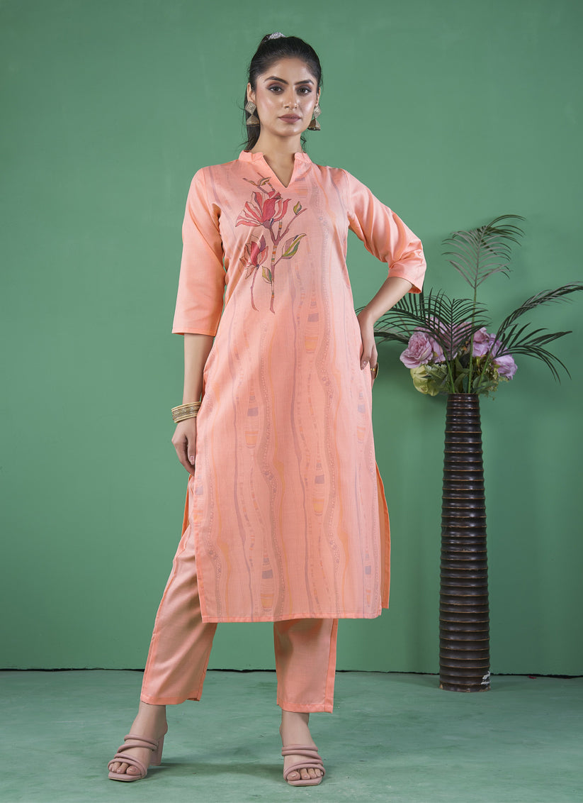 Peach Cotton Printed Kurti with Pant