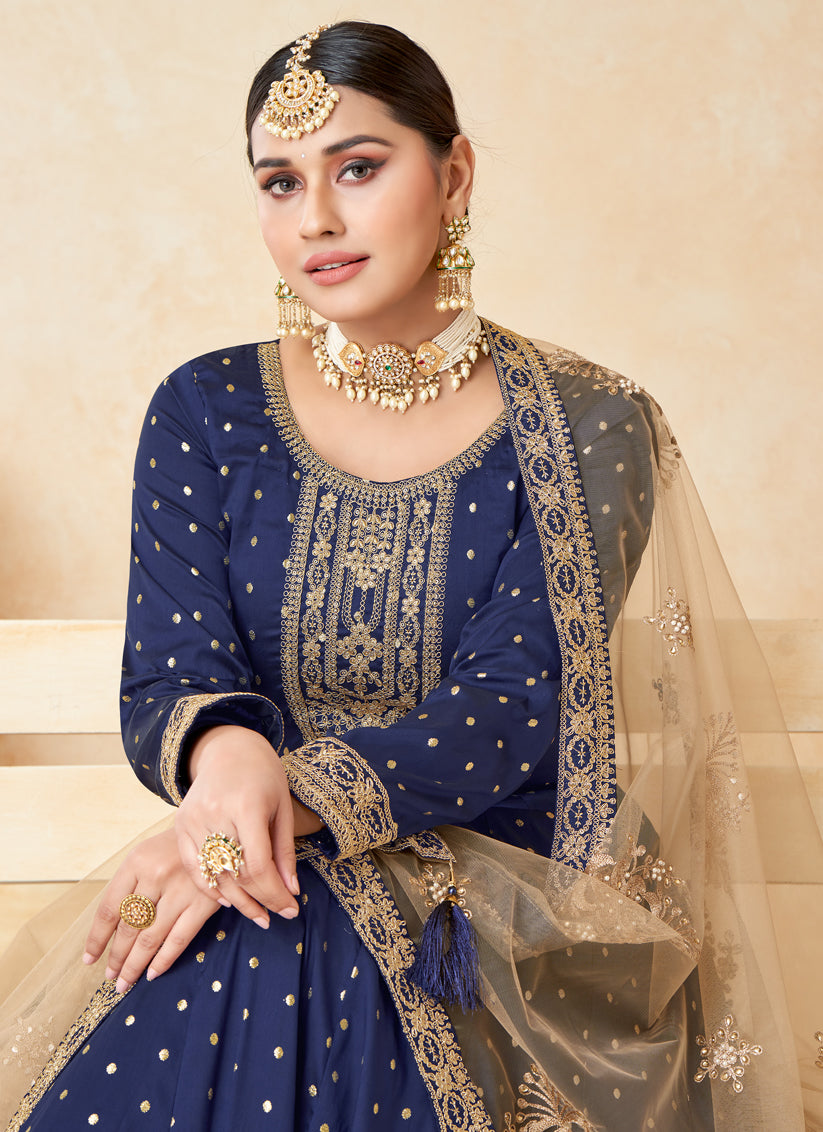 Navy Blue Silk Embroidered Anarkali Suit