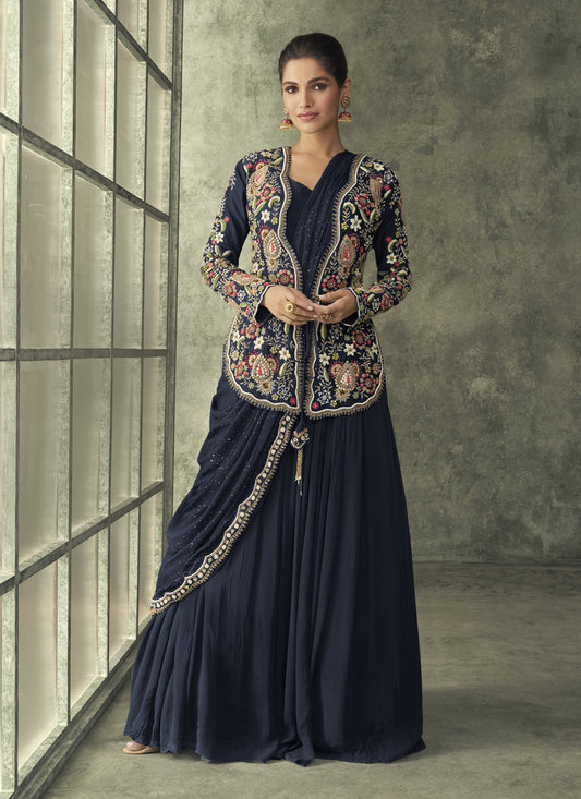 Midnight Blue Drape Style Gown with Embroidered Jacket