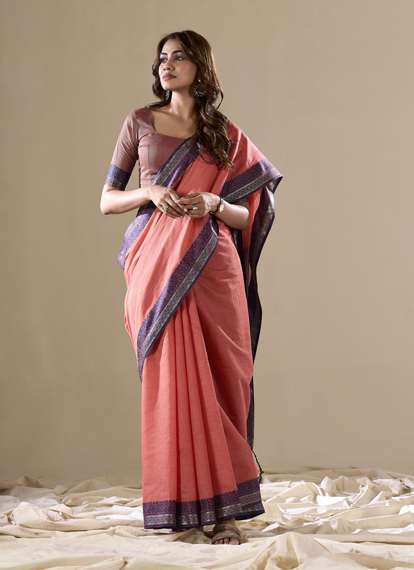 Salmon Pink Handloom Cotton Saree for Festival