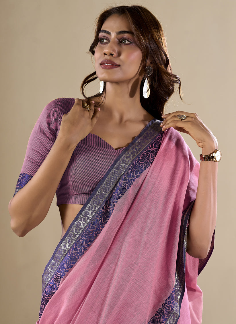 Carnation Pink Handloom Cotton Saree for Festival