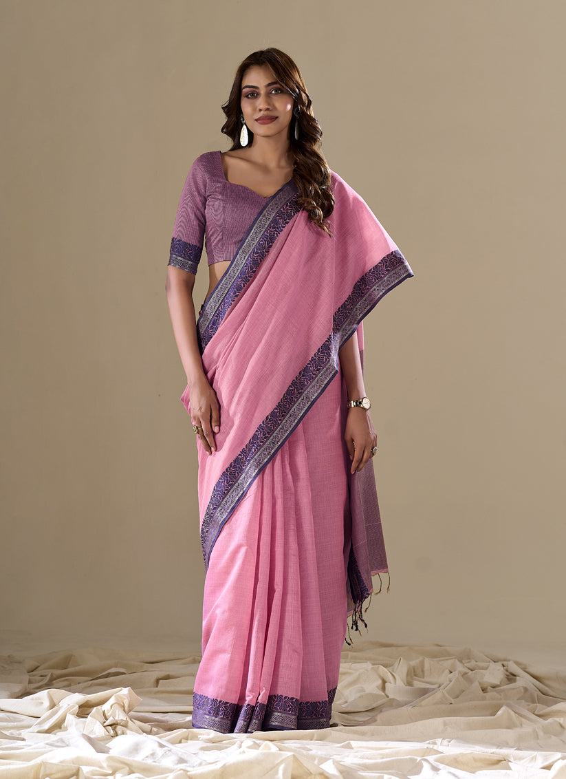 Carnation Pink Handloom Cotton Saree for Festival