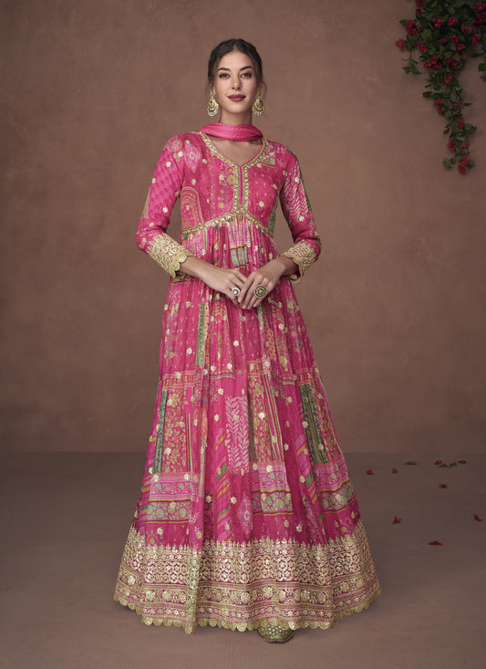Rani Pink Organza Silk Embroidered Anarkali Suit