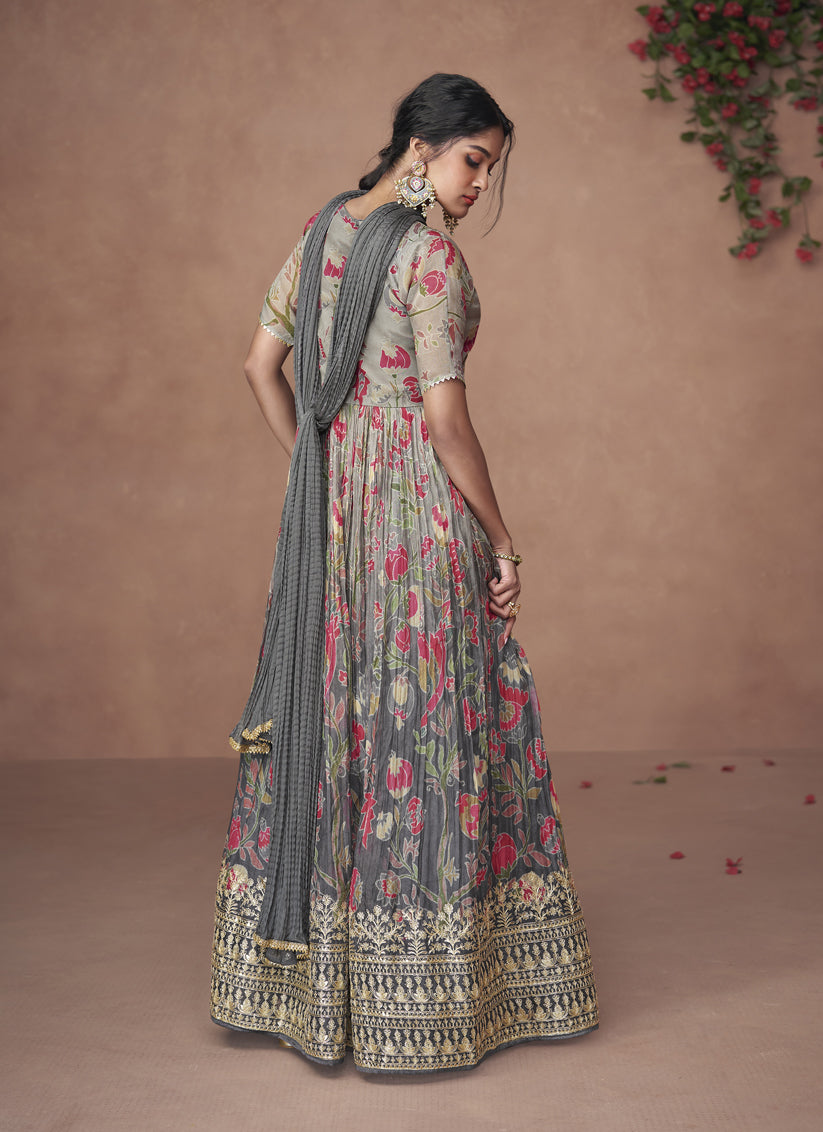 Ombre Grey Organza Silk Embroidered Anarkali Suit