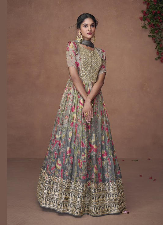 Ombre Grey Organza Silk Embroidered Anarkali Suit