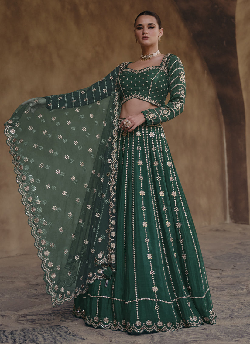 Pine Green Chinnon Silk Designer Lehenga Choli