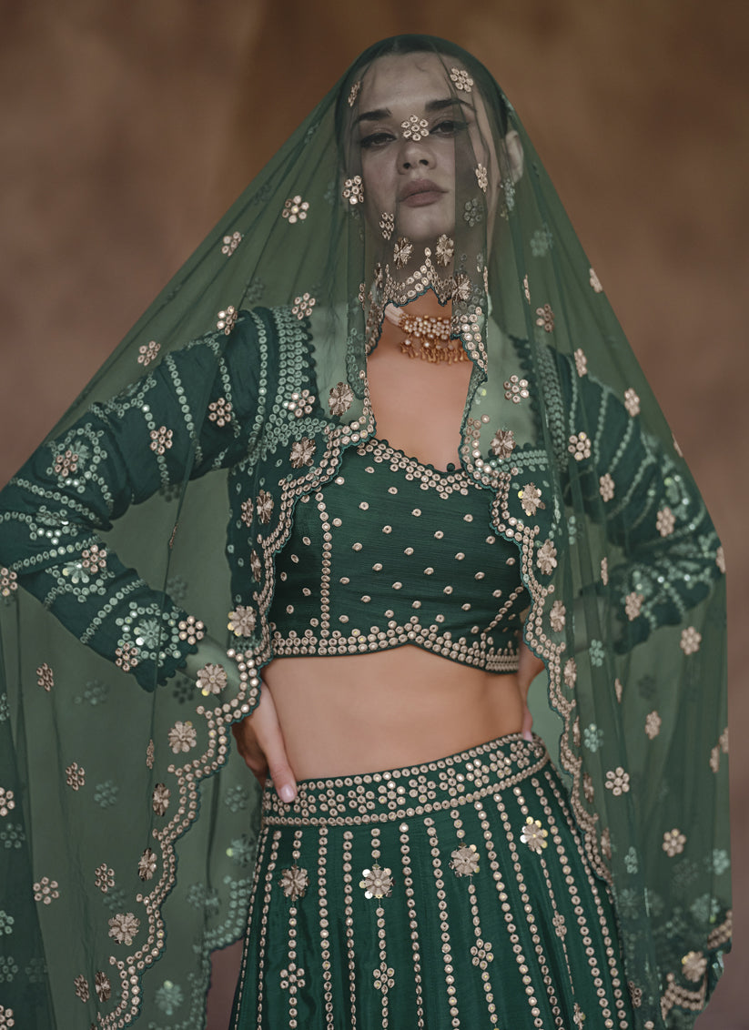 Pine Green Chinnon Silk Designer Lehenga Choli