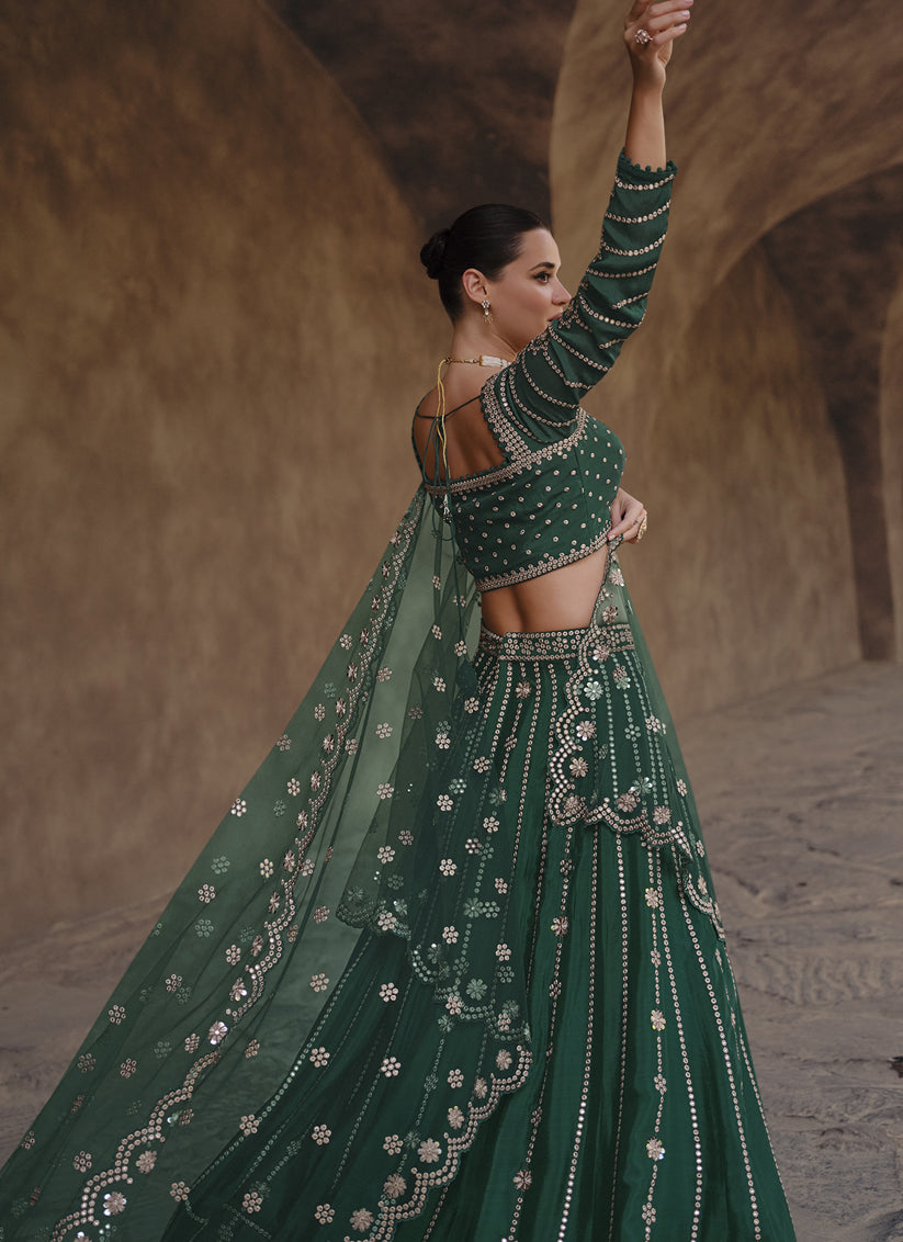 Pine Green Chinnon Silk Designer Lehenga Choli