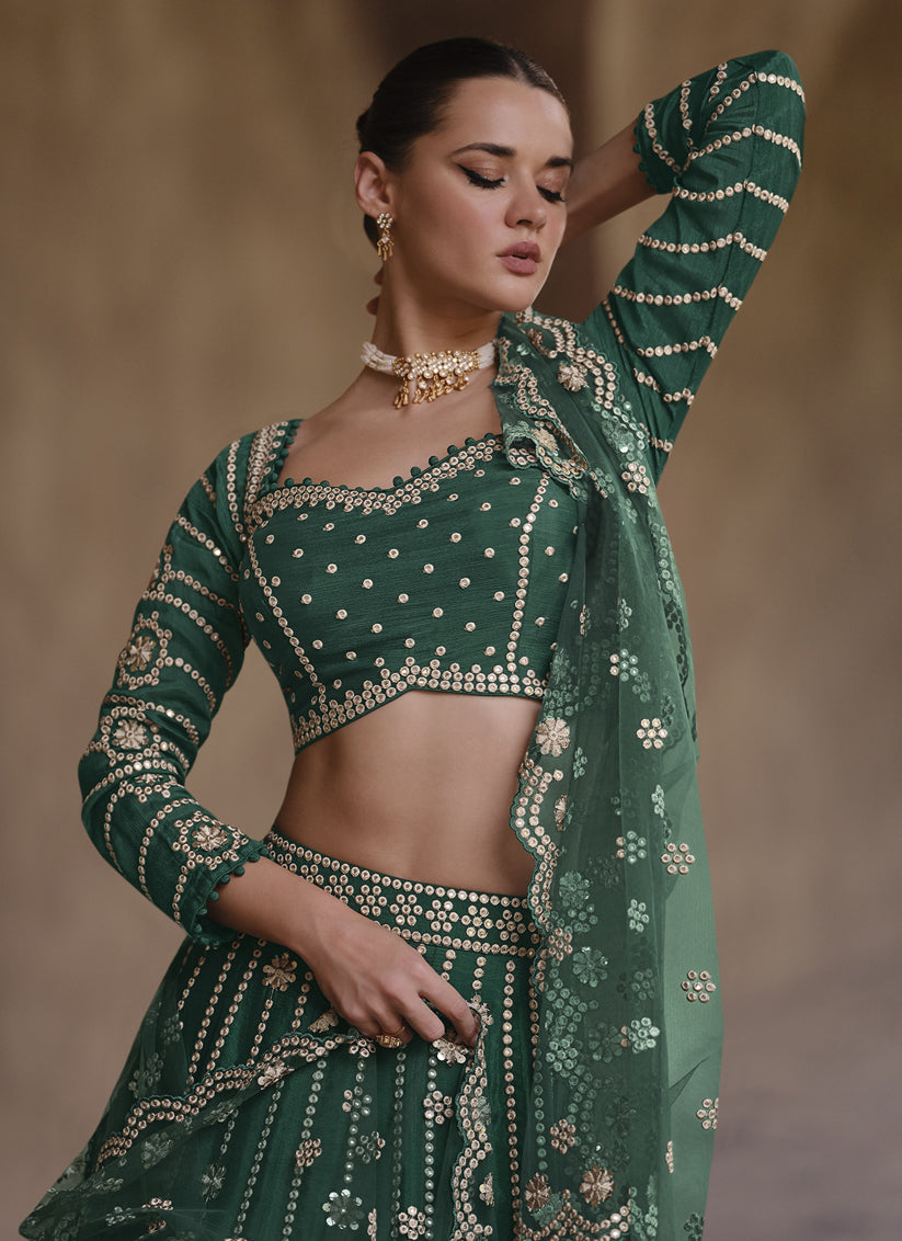 Pine Green Chinnon Silk Designer Lehenga Choli