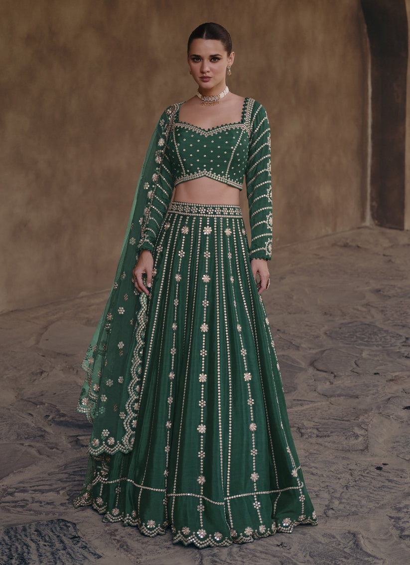 Pine Green Chinnon Silk Designer Lehenga Choli