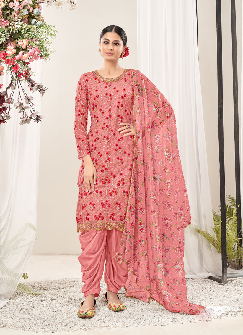 Carnation Pink Net Embroidered Patiala Kameez