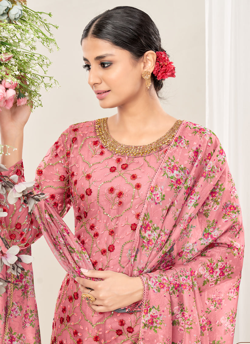 Carnation Pink Net Embroidered Patiala Kameez