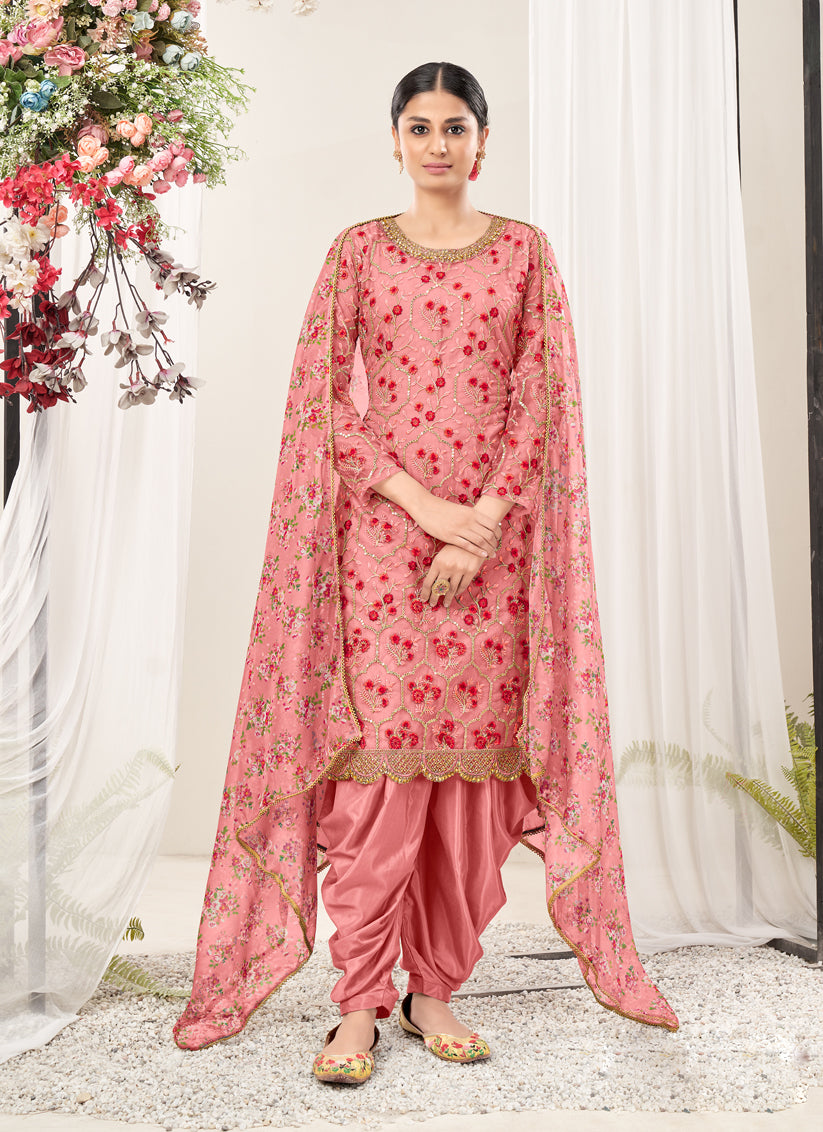 Carnation Pink Net Embroidered Patiala Kameez