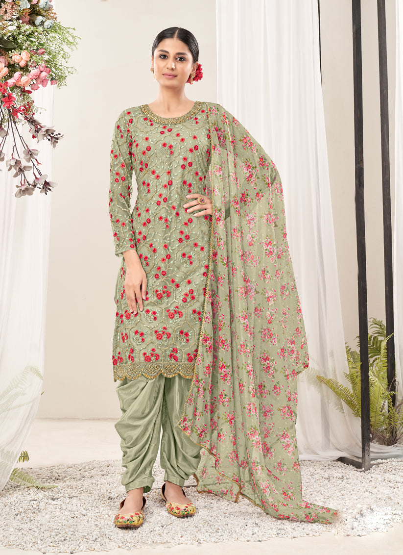 Grey Net Embroidered Patiala Kameez