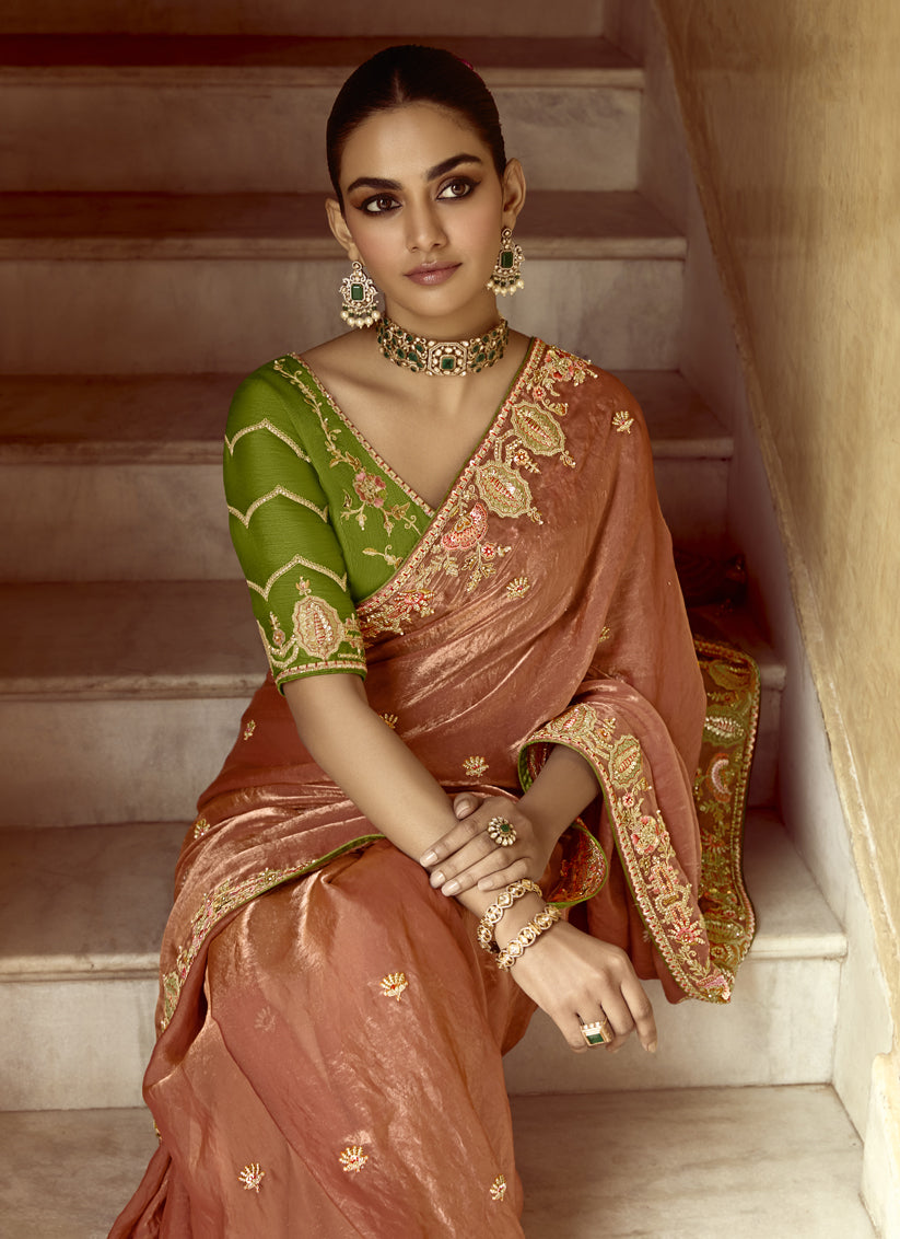 Salmon Orange Embroidered Designer Wedding Saree