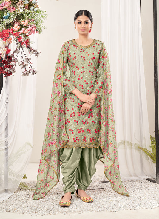 Grey Net Embroidered Patiala Kameez