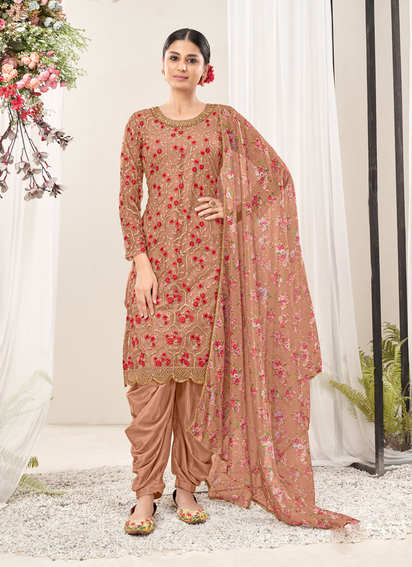 Dusty Peach Net Embroidered Patiala Kameez