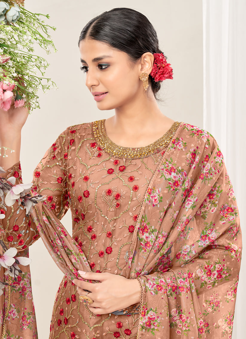 Dusty Peach Net Embroidered Patiala Kameez