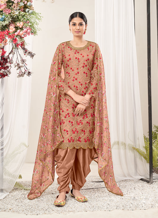 Dusty Peach Net Embroidered Patiala Kameez