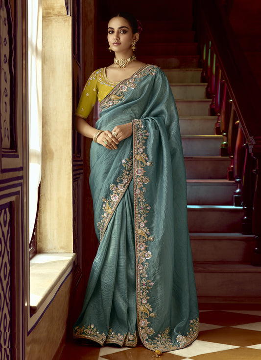 Teal Grey Embroidered Designer Wedding Saree