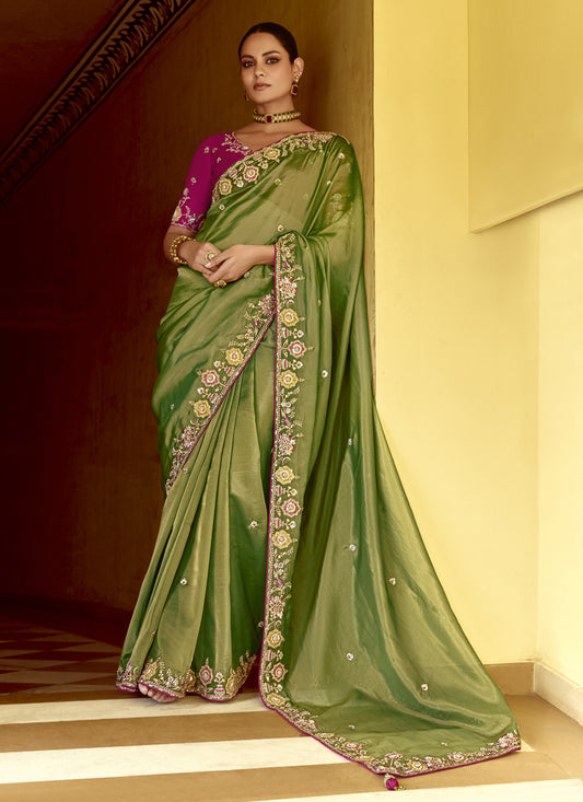 Fern Green Embroidered Designer Wedding Saree