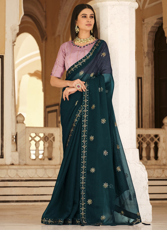 Teal Blue Chinnon Embroidered Saree