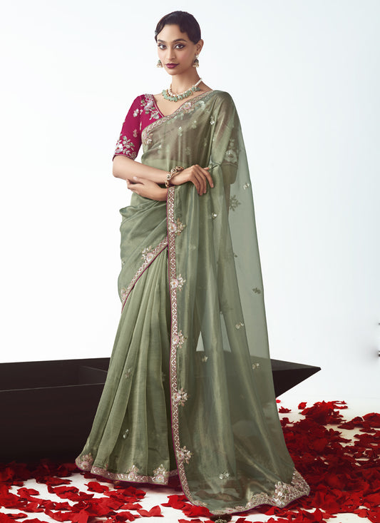 Sage Green Tissue Organza Embroidered Wedding Saree
