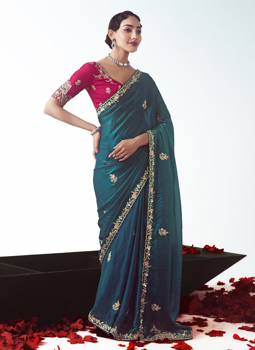 Peacock Blue Tissue Organza Embroidered Wedding Saree