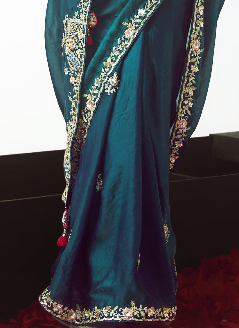 Peacock Blue Tissue Organza Embroidered Wedding Saree