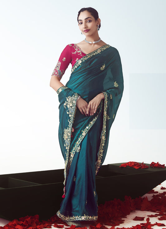 Peacock Blue Tissue Organza Embroidered Wedding Saree