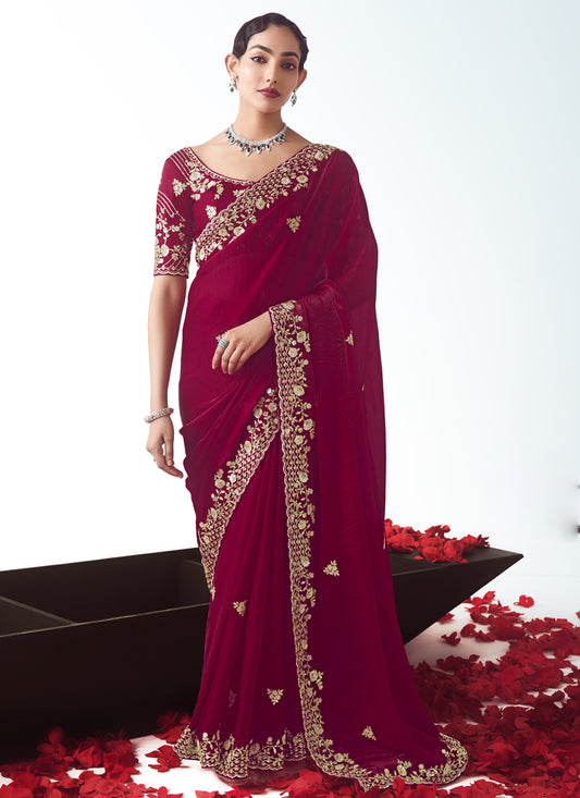 Strawberry Tissue Organza Embroidered Wedding Saree