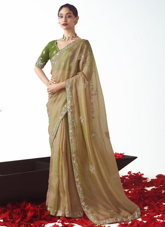 Beige Tissue Organza Embroidered Wedding Saree