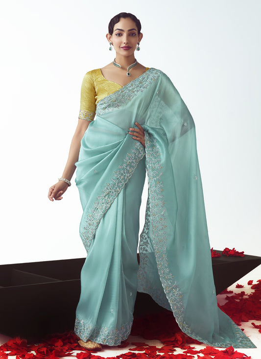 Aqua Blue Tissue Organza Embroidered Wedding Saree