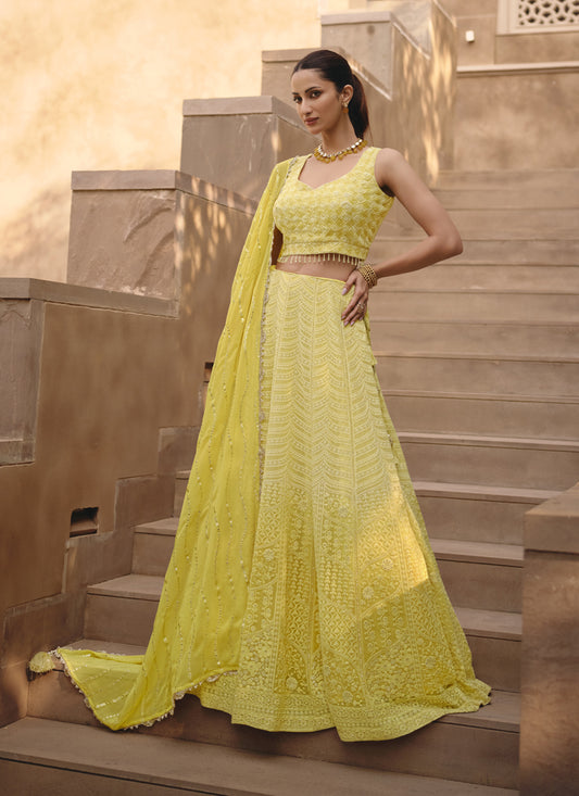 Lemon Yellow Georgette Lakhnavi Embroidered Lehenga Choli