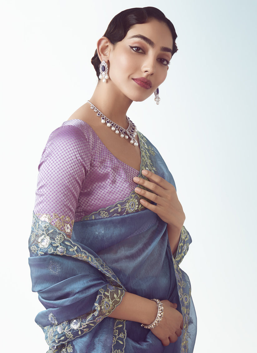 Slate Blue Tissue Organza Embroidered Wedding Saree