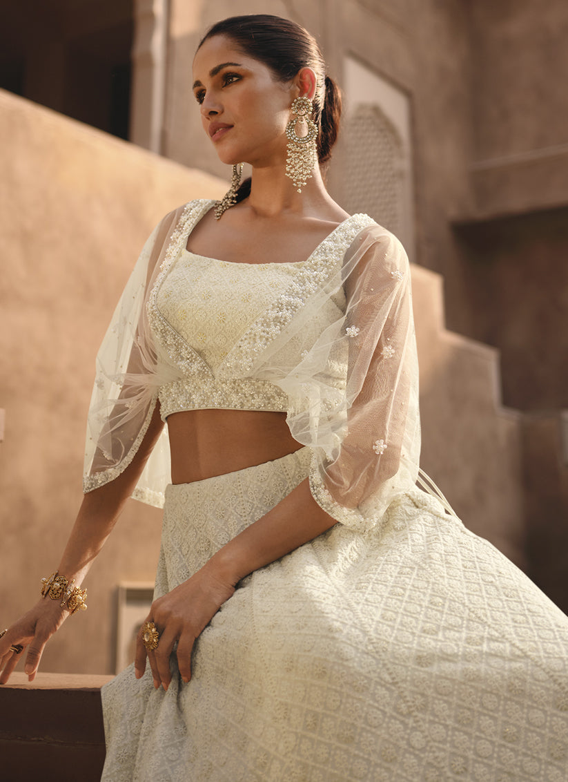 Moon White Georgette Lakhnavi Embroidered Lehenga Choli