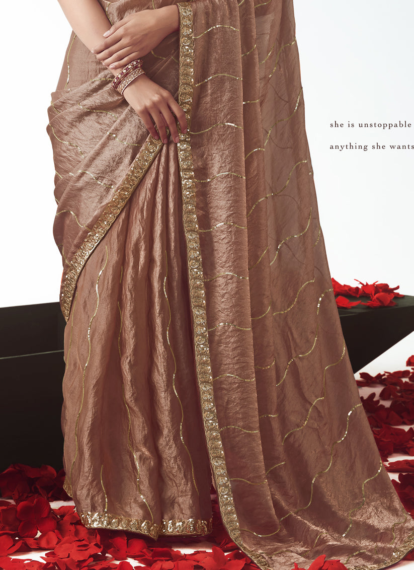 Rose Gold Tissue Organza Embroidered Wedding Saree