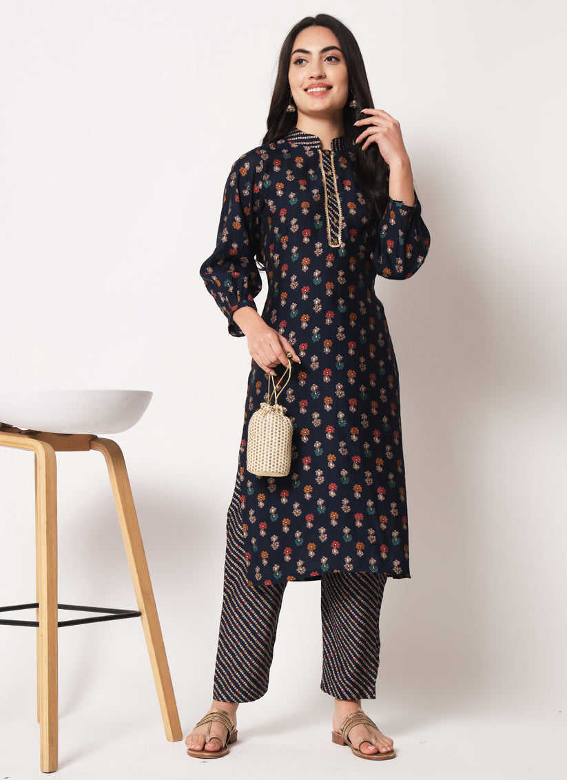 Navy Blue Premium Chanderi Silk Kurti with Bottom