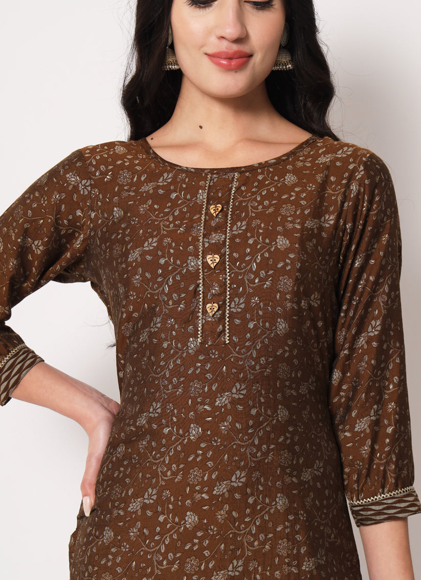 Brown Premium Chanderi Silk Kurti with Bottom