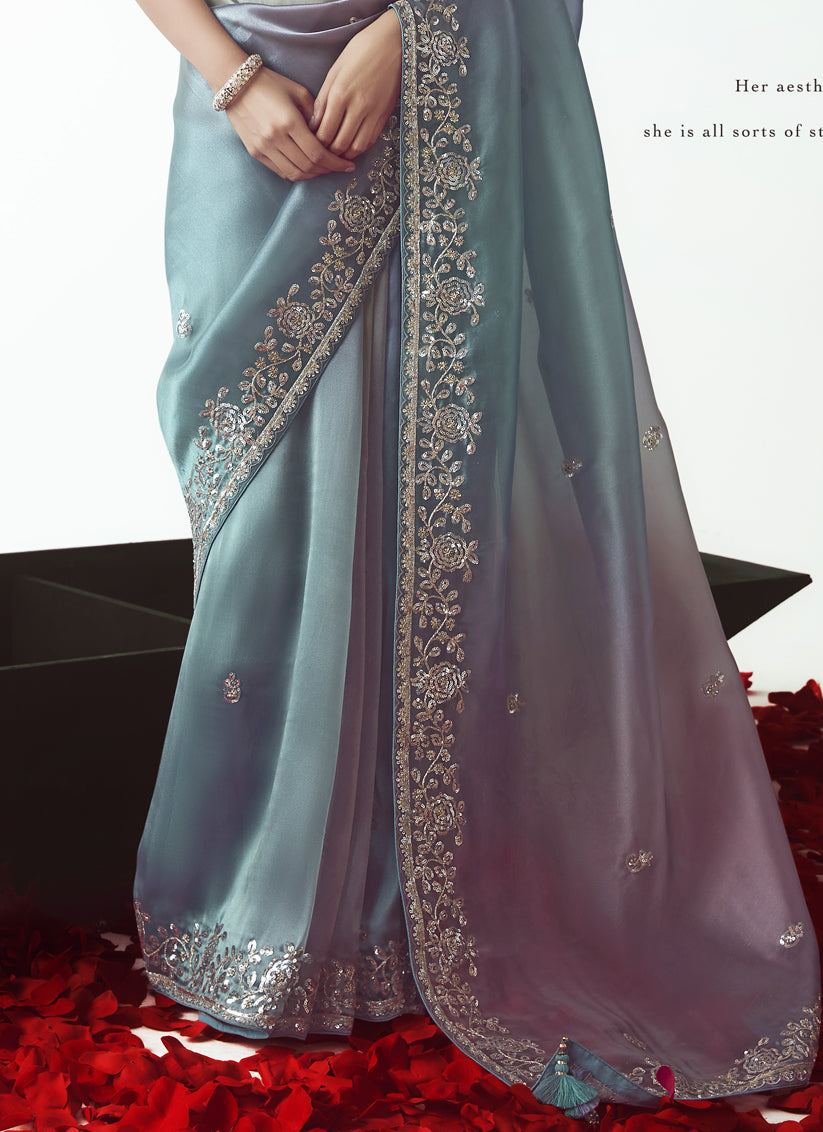 Teal Blue Tissue Organza Embroidered Wedding Saree