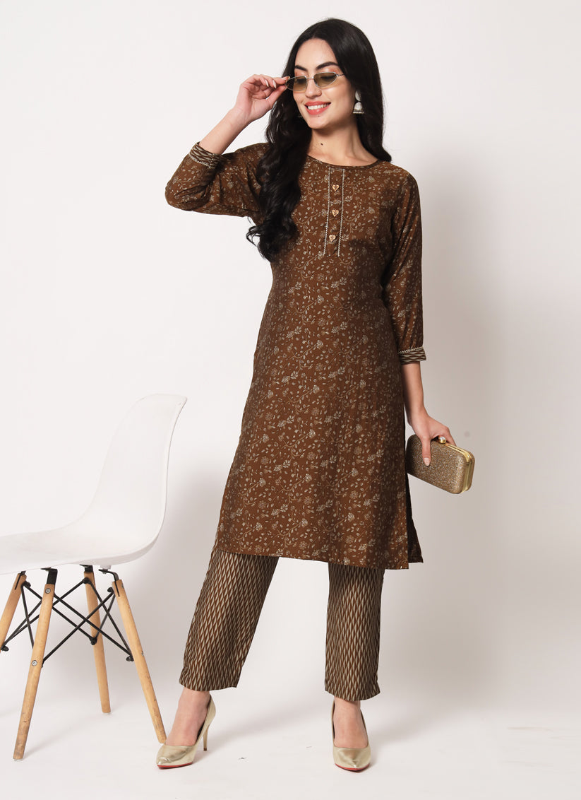 Brown Premium Chanderi Silk Kurti with Bottom